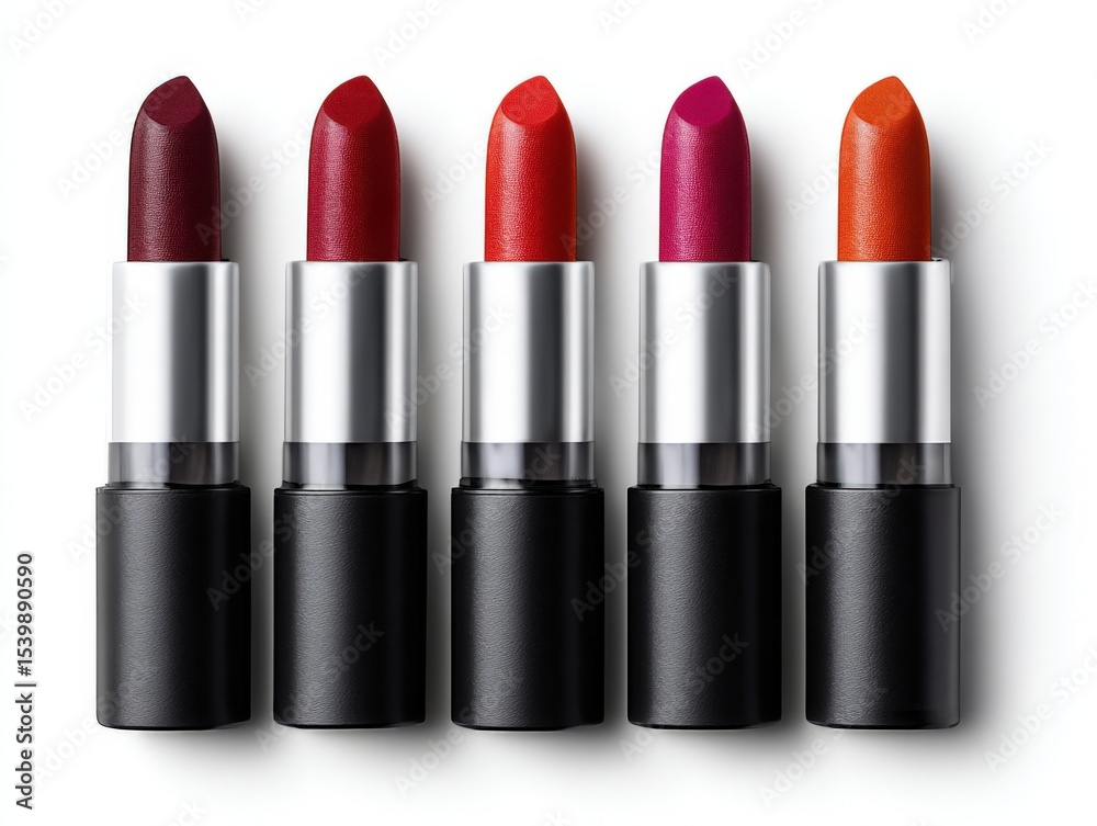 Obraz premium Close-up of five vibrant lipstick tubes arranged in a row with a plain white background