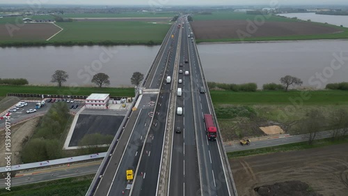 aerial view of The Ouse Bridge is a reinforced concrete plate girder bridge on the M62 that spans River Ouse. East Yorkshire 