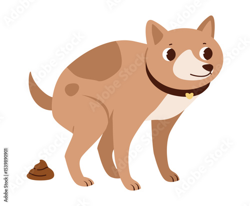 Funny flat vector illustration of a dog pooping isolated on white background. Highlights civic responsibility, pet hygiene, and public cleanliness.