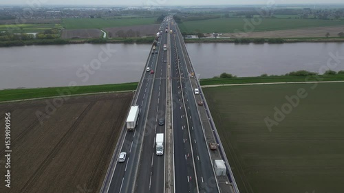 aerial view of The Ouse Bridge is a reinforced concrete plate girder bridge on the M62 that spans River Ouse. East Yorkshire 