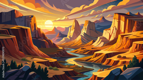 A majestic canyon scene at sunrise depicting the grandeur of nature and timeless beauty of geological formations likely in Arizona or Utah Very beautiful