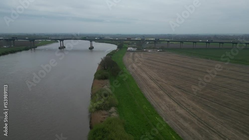 aerial view of The Ouse Bridge is a reinforced concrete plate girder bridge on the M62 that spans River Ouse. East Yorkshire 