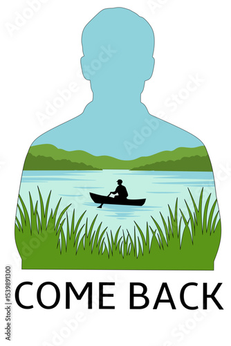 Silhouette of a Man with Canoe on Lake Surrounded by Tall Grass – Vector Illustration
