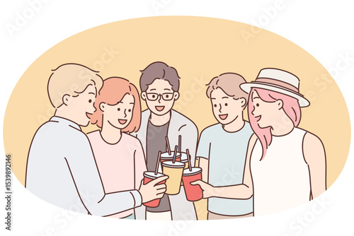 Group of young guys and girls drink drinks during holiday party from disposable cups with straw