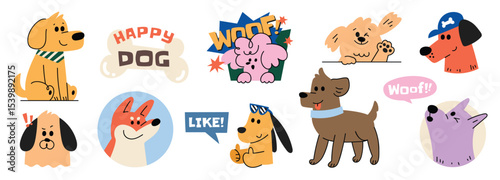 Set of cute dog sticker vector. Lovely dog doodle pattern in different poses and breeds. Adorable funny pet and many characters hand drawn collection for T-shirt, sticker, print, pet shop.