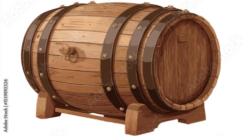 A full shot of a small, light brown wooden barrel with dark brown metal hoops resting on a small wooden stand. The barrel is horizontally oriented and shows wood grain texture. There is a small