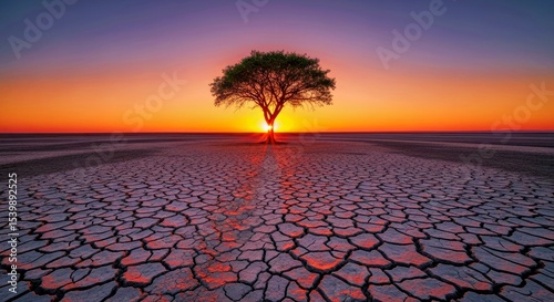 Resilient Lone Tree Cracked Earth Path Sunset Inspiring Desolate Landscape