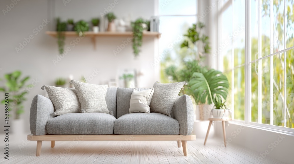 Fototapeta premium Bright modern living room with large and cozy neutral-toned sofa decor