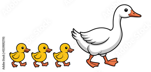 Mother goose and three cute goslings walking