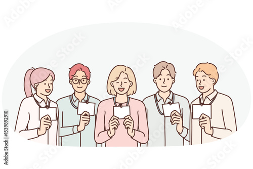 Group of business people with badges working in same department of large corporation