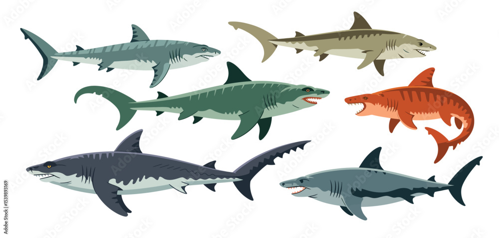 Obraz premium Collection of six different shark species illustrations