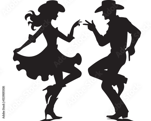 Silhouette of a cowboy dance. Cowboy man and girl dancer silhouette, illustration in black color.