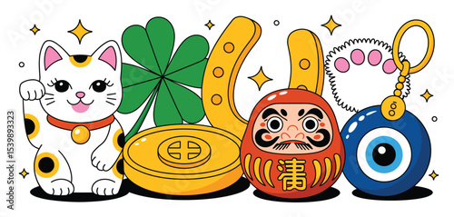 Good luck charms maneki neko daruma horseshoe clover evil eye