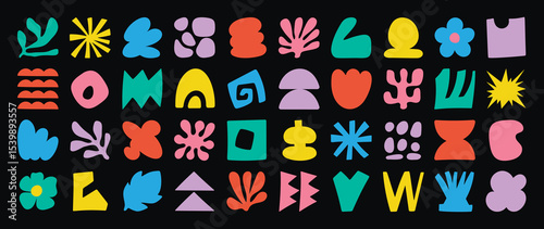 Set of abstract organic shapes vector. Collection of contemporary figure, cloud, flower, sparkle, geometric shape in funky groovy. Cute hippie design element perfect for banner, print, stickers.