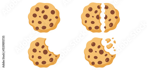 Four chocolate chip cookies in different stages of being eaten