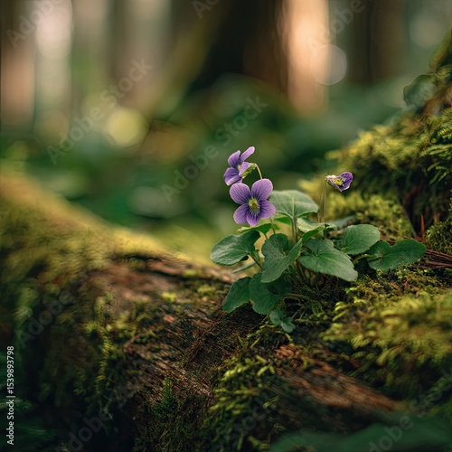 Delicate purple violets bloom amidst lush green moss covering a fallen log in a shaded forest