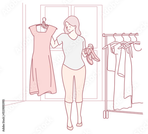 A woman selects a beautiful dress and matching shoes, showcasing her fashion preferences in a boutique