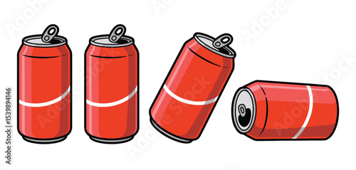 Four red soda cans in various positions