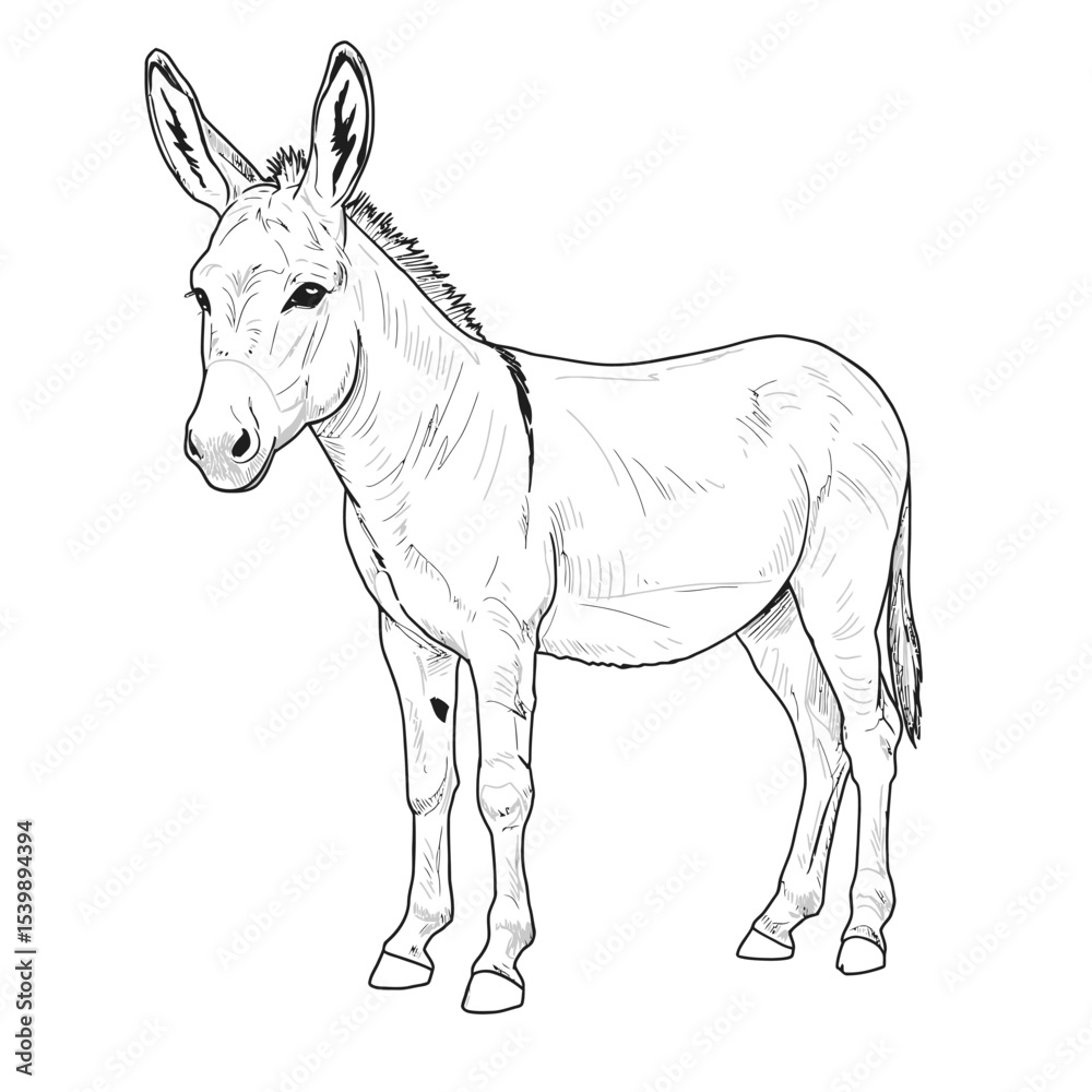 Fototapeta premium Donkey animal sketch stands quietly on open ground. Farm animal concept