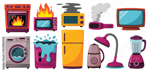 Household appliances set with damage and fire