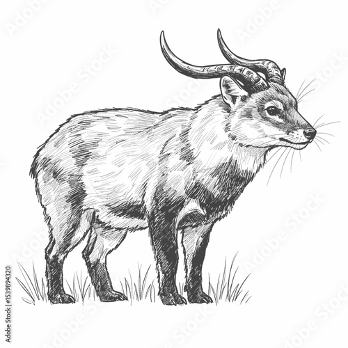 Antelope animal sketch features curved horns on grassy land. Wildlife nature concept. A detailed sketch of an antelope with curved horns standing on grassy land.