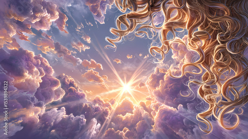 Woman with natural curls backlit by sunset A serene sunset over swirling clouds. Silhouette of curly hair against warm evening sky Golden hour beauty portrait with natural hairstyle