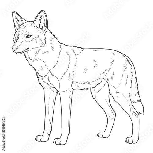 Ethiopian Wolf – Canis simensis. Wolf animal sketch standing proudly on grassy terrain. Wildlife drawing concept