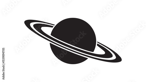 Simple black and white illustration of a planet with rings.