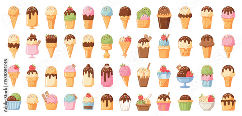 Assorted delicious ice cream cones and cups
