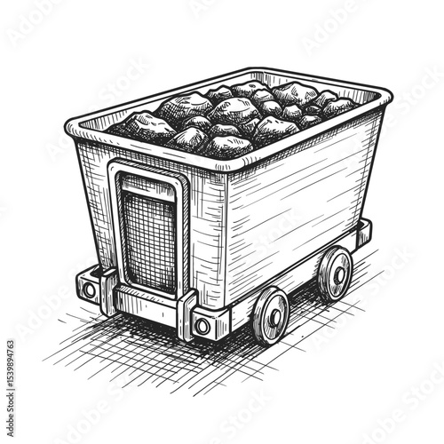 A detailed sketch of a mine cart filled with rocks moving on a metal track. The black-and-white illustration depicts industrial mining equipment, suitable for resource and labor themes