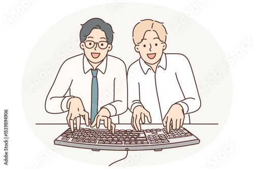 Two man computer geeks use keyboard to type code at same time to develop programs or applications
