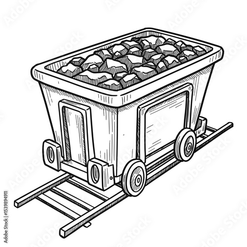 A detailed sketch of a mine cart filled with rocks moving on a metal track. The black-and-white illustration depicts industrial mining equipment, suitable for resource and labor themes