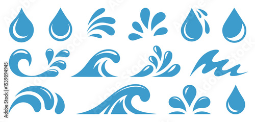 Water drop and wave icons set blue