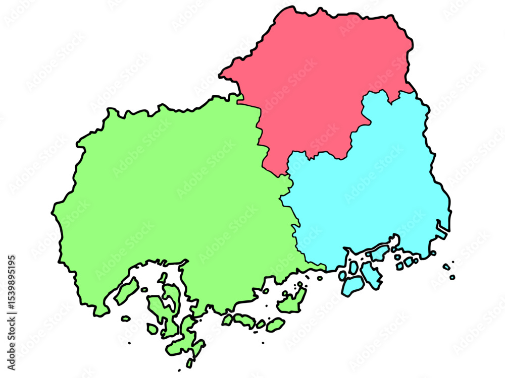 Obraz premium 少しゆるい広島県地図 地域色分け 中国地方 西日本