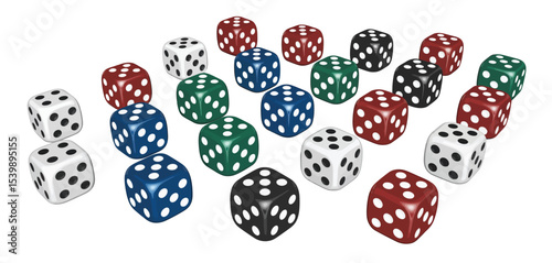 Colorful dice scattered on white background