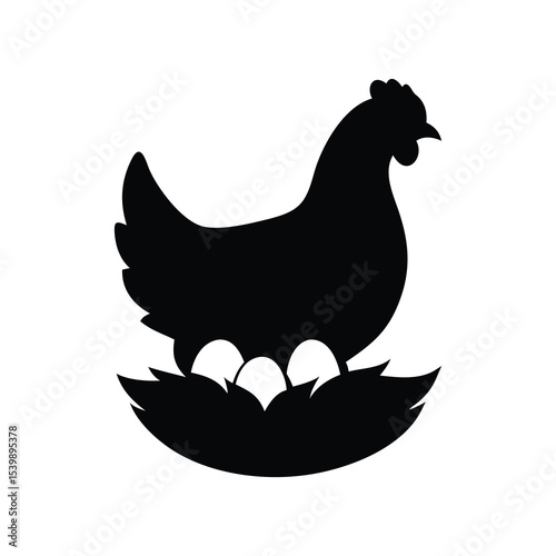 A black silhouette of a hen sitting on a nest of eggs.