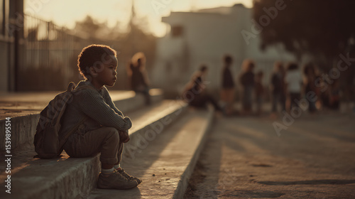 Lonely african child sitting on steps watching other children playing