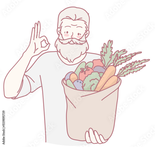 An elderly man proudly presents a large bag filled with fresh vegetables, promoting a healthy lifestyle