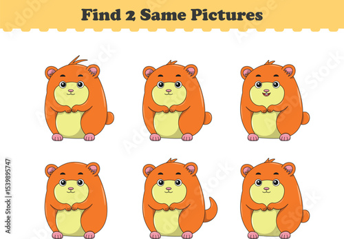 Funny cartoon hamster. Find two same pictures. Educational game for children. Cartoon vector illustration