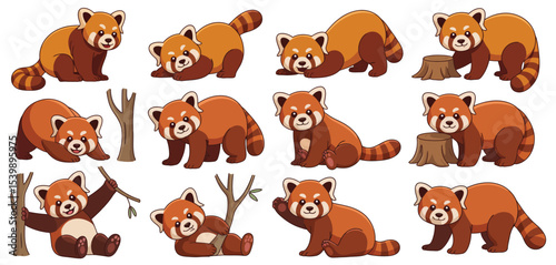 Twelve adorable red panda cartoon illustrations