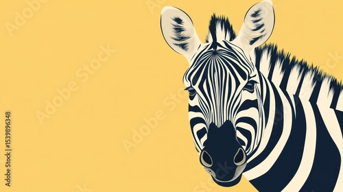 Stylized zebra head close-up with contrasting white and black stripes on yellow background