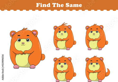 Funny cartoon hamster. Find same pictures. Educational game for children. Cartoon vector illustration