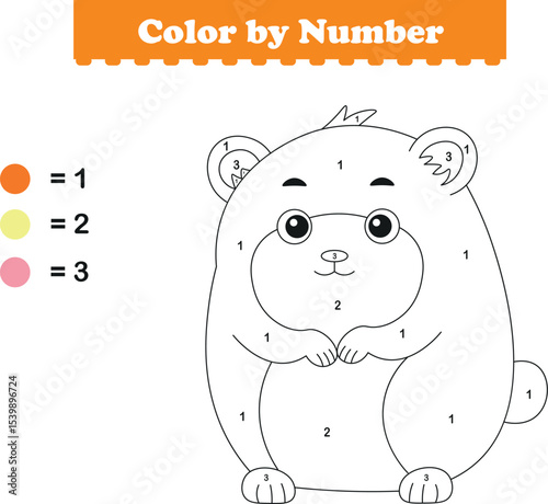 Color by numbers. Coloring page for kids. Coloring with cute hamster. Vector illustration
