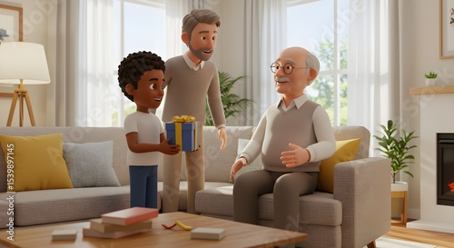 Cartoon characters giving gift in living room