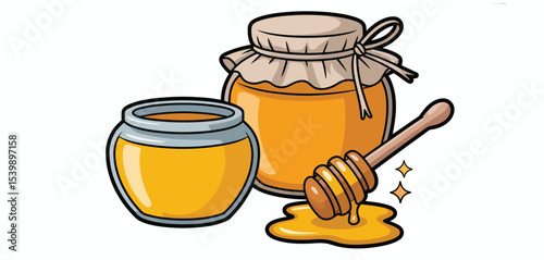 Sweet honey jars with honey dipper cartoon illustration