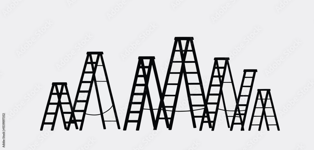 Group of black step ladders of varying sizes Group of black step ladders of varying sizes