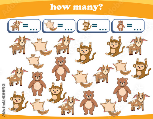 Counting game of wild animals for preschool kids. Printable. Vector Illustration