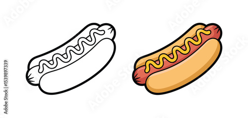 Hot dog illustration coloring page and full color version