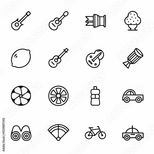 Collection of outline icons featuring musical instruments lemon and orange slices transportation and more vector art