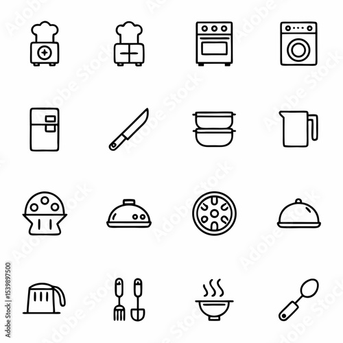 Kitchenware appliances utensils cooking food preparation chef tools equipment vector line icons set design 100